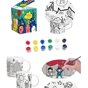 Jouets éducatifs interactifs tasse en céramique personnalisée enfants <span class=keywords><strong>peinture</strong></span> inachevée dessin animé tasse et assiette kit <span class=keywords><strong>de</strong></span> <span class=keywords><strong>peinture</strong></span> bricolage pour activité familiale - Product Image 1
