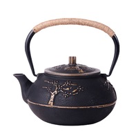 Théière en fonte de 0,9 L, Tetsubin, émail doré noir motif aiguilles de pin, bouilloire en fer pour cérémonie du thé à domicile