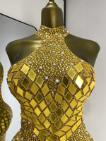 Robe moulante pour femme en strass dorés effet miroir, coupe ajustée, pour soirée et boîte de nuit