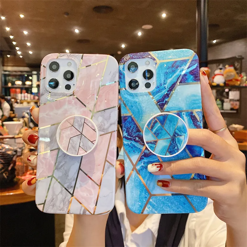 New Electroplating Marble Case For iPhone 14 Plus With Bracket Marble IMD Mobile Phone Case Anti-scratch Shock-proof For 13 Pro
