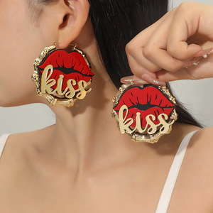 Pendientes <span class=keywords><strong>de</strong></span> <span class=keywords><strong>boca</strong></span> roja punk exagerados con personalidad, superventas, grandes y redondos, labios dorados <span class=keywords><strong>de</strong></span> bambú, pendientes <span class=keywords><strong>de</strong></span> beso, joyería - Product Image 1
