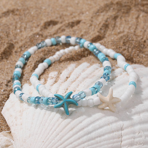 Conjunto de tobilleras con cuentas de estrellas para niñas, adornos elásticos para pies de playa con dije de concha, joyería de moda de verano D1692-1 - Product Image 2