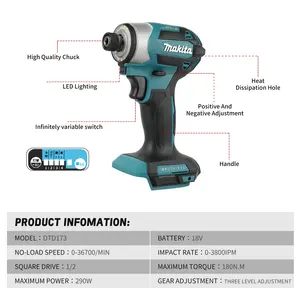 Pour <span class=keywords><strong>Makita</strong></span> DTD173 <span class=keywords><strong>18V</strong></span> LXT Perceuse à percussion sans fil sans balais 180 NM Bois Boulon Mode T Rechargeable - Product Image 4