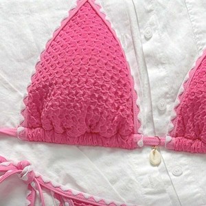 Ensemble bikini femme, col halter, liens latéraux, rose, polyester/coton extensible, motif écossais, décoration coquillage, pour la natation et les sports nautiques - Product Image 4