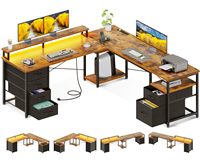 Bureau d'ordinateur en forme de L SENYU avec tiroirs et étagères de rangement, surface en bois, structure en métal, table d'écriture pour le bureau à domicile