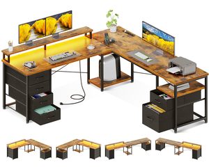 Bureau d'ordinateur en forme de L avec tiroirs et étagères de rangement, surface en bois, structure en métal, table d'écriture pour le bureau à domicile - Product Image 1