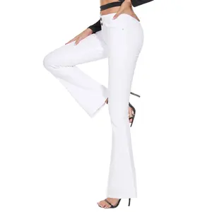 Pantalones vaqueros acampanados ajustados de color blanco sólido con doble botón a la moda para mujer, pantalones acampanados a la venta de fábrica