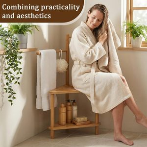 Bamboo Three Tier Storage Rack Natural Wood Color <b>Freestanding</b> Bathroom Organizer With Towel <b>Bar</b> And Footrest - Product Image 4