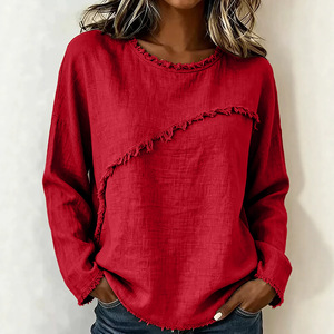 Nuova <span class=keywords><strong>Maglietta</strong></span> Casual da Donna Primavera-Autunno, Maniche Lunghe, Vestibilità Ampia, Collo Tondo, Bordo Grezzo con <span class=keywords><strong>Frange</strong></span> - Product Image 3