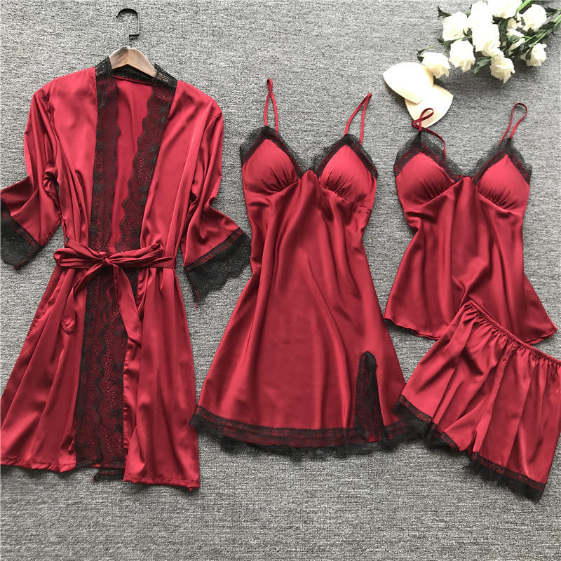Sleepwear Night Dress for Honeymoon Pijamas Lace Robe Sets Woman Satin Silk  Lace Satin Dressing Gown for Women