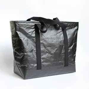 Custom Logo Printed Durable Reusable Black Zipper Shopping Tyvek Tote Bag with Leather Handle