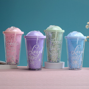 Double Walled Plastic Straw Cup With Sliding Lid Sequined Water Bottle For Students Back To School 2 Piece Set - Product Image 4
