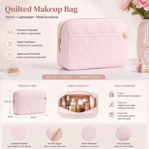 Custom Logo Puffy <b>Makeup</b> Bag Travel Toiletry Bag for Women Large Capacity Quilted Cosmetic Organizer Wide Open Zipper Pouch <b>Case</b> - Product Image 2