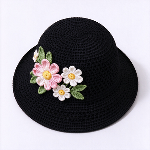 Sombrero de Pescador Tejido a Mano con Flores, Gorro de Pescador de Hilo de Algodón, Aplique de Flores Bordadas, para Primavera, Verano, Playa y Viajes - Product Image 3