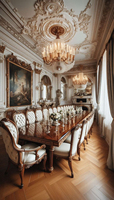 Table et chaises de salle à manger longues de style palais français, table de banquet avec plateau en verre pour grands appartements et plusieurs invités