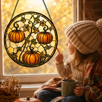Décoration de fenêtre en vitrail à suspendre, motif citrouille orange et feuilles de vigne d'Halloween, 9*9cm/16x16cm/20x20cm/25x25cm/30x30cm