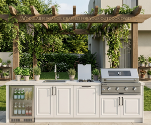 Gabinetes de Cocina Modulares de Acero Inoxidable 304 Blancos de Lujo para Exteriores, Isla para Barbacoa con Parrilla y Fregadero Integrados - Product Image 1