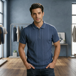 Men's Blue Yarn Dyed Knitted Heavyweight Short Sleeve for <b>Shirt</b> Regular Fit Casual Solid Color <b>Zip</b> Front Design - Product Image 3