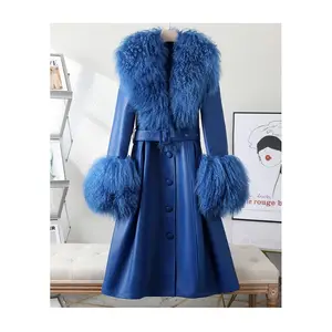 Custom OEM Real Sheepskin Coat Mongolian Fur Collar Autumn Lapel Trench Genuine Leather Coats with Fur for Ladies