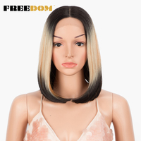Wig Sintetis FREEDOM Model Bob Pendek untuk Rambut Pirang Muda untuk Rambut Pirang untuk Lace Pirang Muda 12 Inch Cosplay Belah Tengah Wanita
