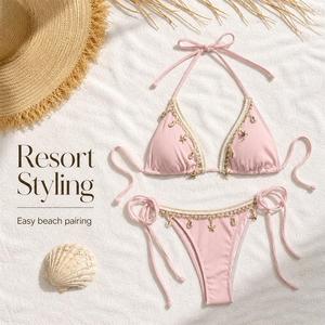 Bikini de Tanga Acanalado para Mujer, Traje de Baño Moderno para Vacaciones en la Playa y Piscina - Product Image 6