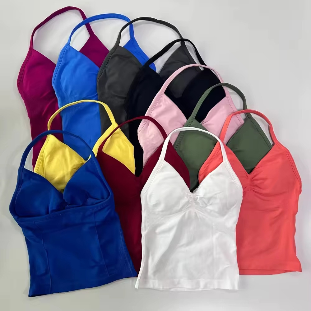 Wholesale Custom Seamless Women's Deep-V Halter Neck Yoga Tank Top Compression Tight-Fit Running Workout Sports Fitness Vest