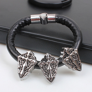 Cross <b>Bracelet</b> Black <b>Leather</b> Tibetan Silver Geometric Design Men's Jewelry Fashion String <b>Bracelet</b> - Product Image 4