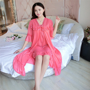 Solid Comfortable Ice-silk Robe Sets Women 2 Two Piece Nightgowns Sexy Lace Women's Summer Bathrobe Sleepwear - Product Image 2