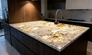 משטח עבודה למטבח מעוצב מאבן גרניט אלפינוס טבעי מודרני יוקרתי, שקוף, מלוטש, בצורת נוצה, עם עיצוב קריסטל. - Product Image 6