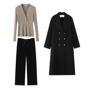 Happy Plus V Neck Wool Knit Sweater Set Plus Size Oatmeal <b>Top</b> <b>Black</b> Pants Women's Solid Color Fitted <b>Long</b> <b>Sleeve</b> - Product Image 2