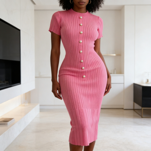 Women's Hot <strong>Pink</strong> Ribbed Knit Maxi <strong>Dress</strong> Short Sleeve Pearl Button Decor Bodycon Long <strong>Dress</strong> Elegant Party Evening <strong>Dress</strong> - Product Image 1