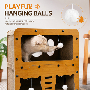 Maisonnette pour chat en bois de 52 cm, à 2 niveaux, avec griffoir en carton et balles suspendues, livraison rapide UE depuis la Pologne - Product Image 5