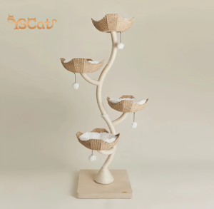 Tiragraffi a Torre Grande di Lusso in Legno Personalizzato dal Produttore, Design Soffice ed Estetico con Fiore in Rattan Rosa Eco-Friendly per Natale - Product Image 4