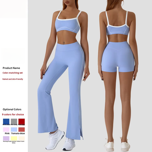 <span class=keywords><strong>Ensemble</strong></span> de sport 2 pièces respirant pour <span class=keywords><strong>femme</strong></span>, en Spandex/Nylon, coupe ajustée, jambes évasées, blocs de couleur contrastés, pour l'extérieur - Product Image 6