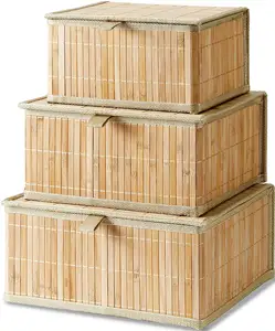 Bamboo Decorative Storage Boxes - Storage Basket With Lids Beige Wicker Lidded Baskets For Home Kitchen Shelf Organizer Decor