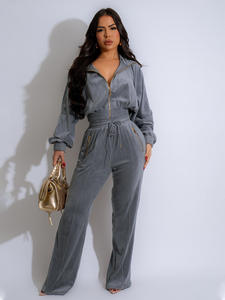 CN575 Ensemble Deux Pièces Hiver pour <span class=keywords><strong>Femme</strong></span> : Cardigan Zippé à Revers Manches Longues et <span class=keywords><strong>Pantalon</strong></span> Long, Style Mode Européen et Américain - Product Image 6