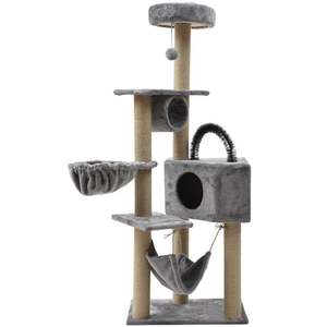 Arbre à chat moderne en rotin et bois, avec griffoirs, niches et perchoir supérieur - Product Image 6