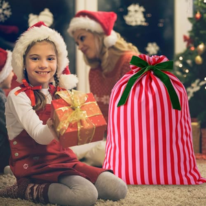 Sac de Noël en toile à rayures, imprimé bonhomme de neige, personnalisable, réutilisable, avec cordon de serrage, pour bonbons de Noël, vente en gros - Product Image 5
