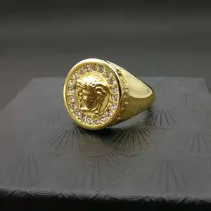 New gold plated hip hop design cz diamonds greek medusa ring titanium steel mens gold rings