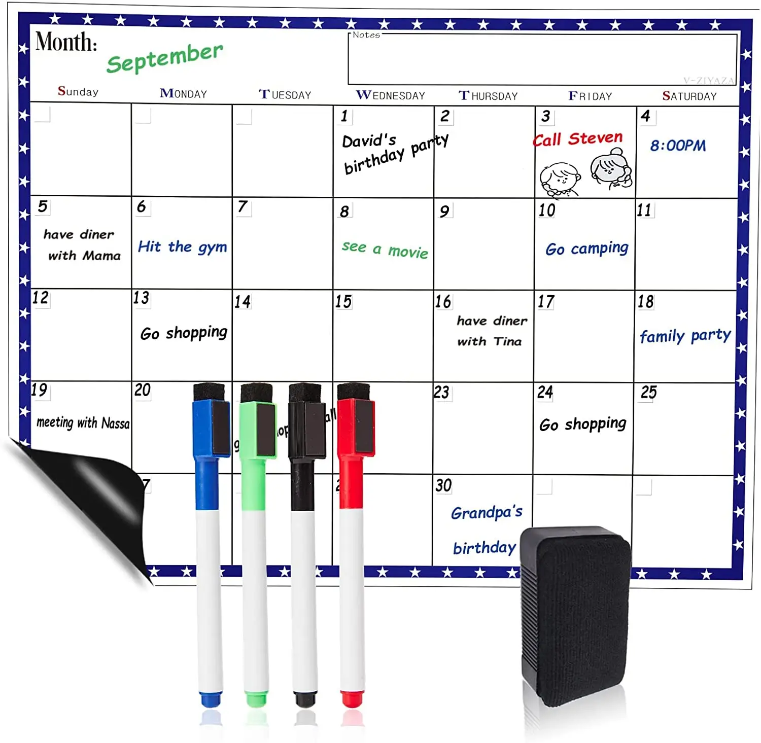 冷蔵庫カレンダー用磁気カレンダードライイレース磁気ホワイトボードカレンダー、1つの磁石消しゴムと4つの磁石