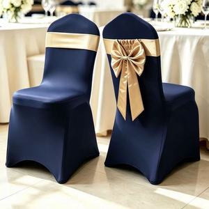 Navy Blue Elastic <strong>Spandex</strong> <strong>Chair</strong> <strong>Cover</strong> With Removable Gold Bow Sash Stretch Slipcover for Wedding Banquet Hotel Party Decoration - Product Image 3