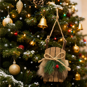 L'ornamento appeso della slitta di Natale in legno con un arco fatto di corda di canapa viene utilizzato per decorare l'albero di Natale - Product Image 4