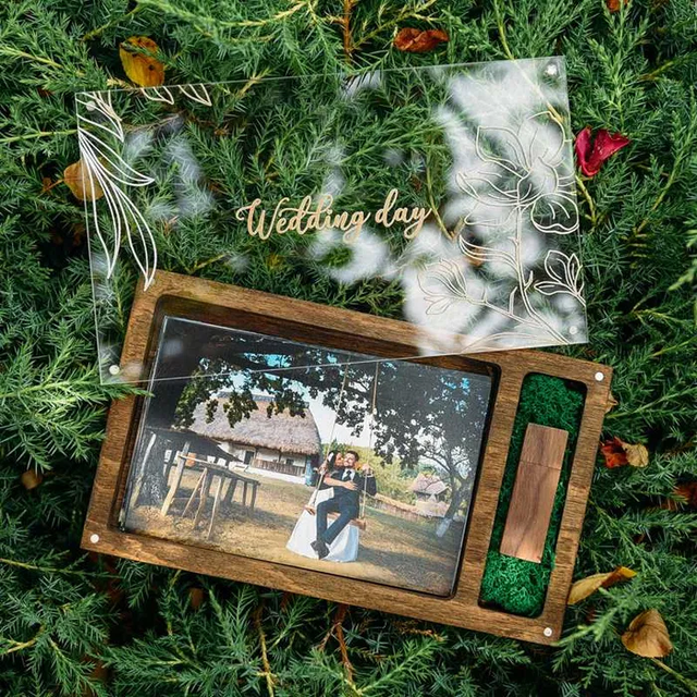 Gift Wood USB and Picture Box with Plexiglass Lid Customized Wooden Keepsake Box with Photo Memory Wood Photo Box