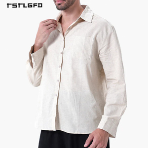 Men Linen Cotton Blend Long Sleeve Shirt Solid Green Classic Turn Down Collar Button Up <b>Chest</b> Pocket Casual Breathable Top - Product Image 4