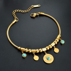 Bracelet simple en acier inoxydable avec pendentif rond en turquoise en forme de marguerite, bracelet pour femmes - Product Image 3