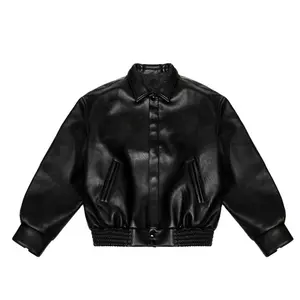 Chaqueta de cuero para hombre con logotipo bordado personalizado bomber de béisbol chaqueta universitaria de cuero PU con cuello alto corto para hombre