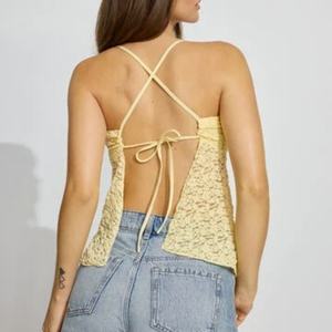 2025 Crop top femme sexy couleur unie en dentelle ajourée à bretelles spaghetti sans manches col licou - Product Image 4