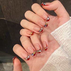Faux ongles en acrylique de style français <span class=keywords><strong>rouge</strong></span> faits à la main 10 pièces faux ongles courts en <span class=keywords><strong>strass</strong></span> pour salon d'art des ongles ongles en gros - Product Image 1