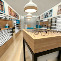 Meuble de présentation optique en bois clair pour lunettes, avec cadre en métal noir, pour présentoir mural, îlot ou table, idéal pour lunettes de soleil et montures de myopie