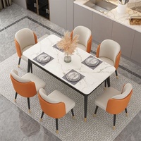 Ensemble de table à manger en pierre frittée effet marbre, rectangulaire, 6 places, chaises tubulaires, pieds en bois effilés, meubles de salle à manger pour la maison
